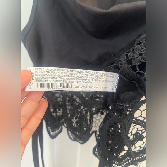 ZARA TRAFALUC Classy black suede crop top crochet lace hem ribbon side tie sz S - Picture 3 of 8